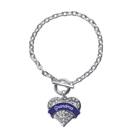 Silver Navy Blue Grandma Pave Heart Charm Toggle Bracelet