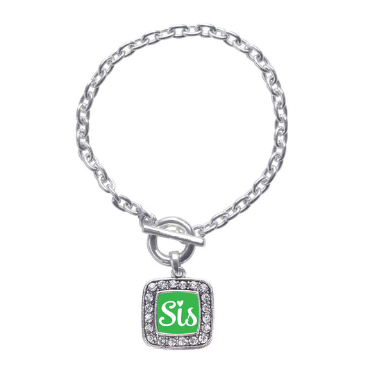 Silver Sis Green Script Square Charm Toggle Bracelet