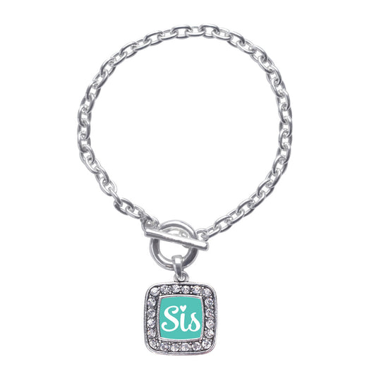 Silver Sis Teal Script Square Charm Toggle Bracelet