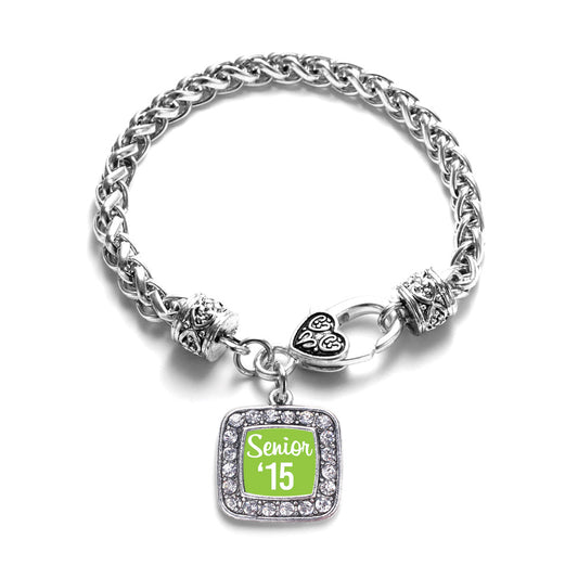 Silver Lime Green Senior '15 Square Charm Braided Bracelet