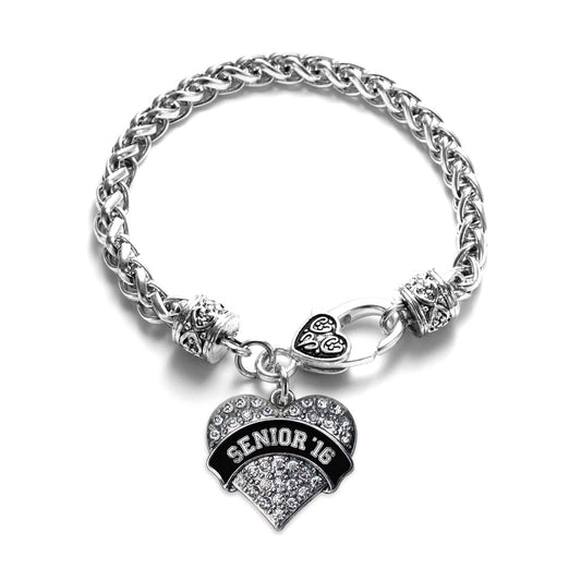 Silver Black and White Senior 2016 Pave Heart Charm Braided Bracelet