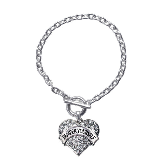 Silver Pamper Yourself Pave Heart Charm Toggle Bracelet