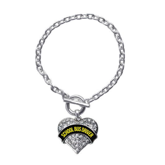 Silver Black and Yellow School Bus Driver Pave Heart Charm Toggle Bracelet