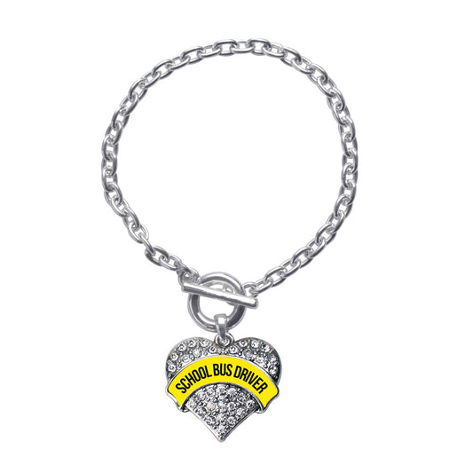 Silver Yellow and Black School Bus Driver Pave Heart Charm Toggle Bracelet