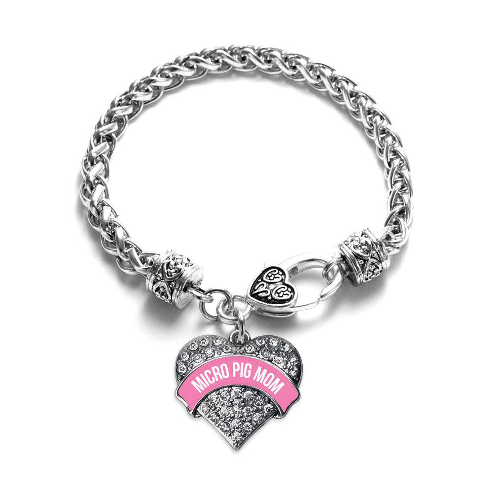Silver Micro Pig Mom - Pink Pave Heart Charm Braided Bracelet