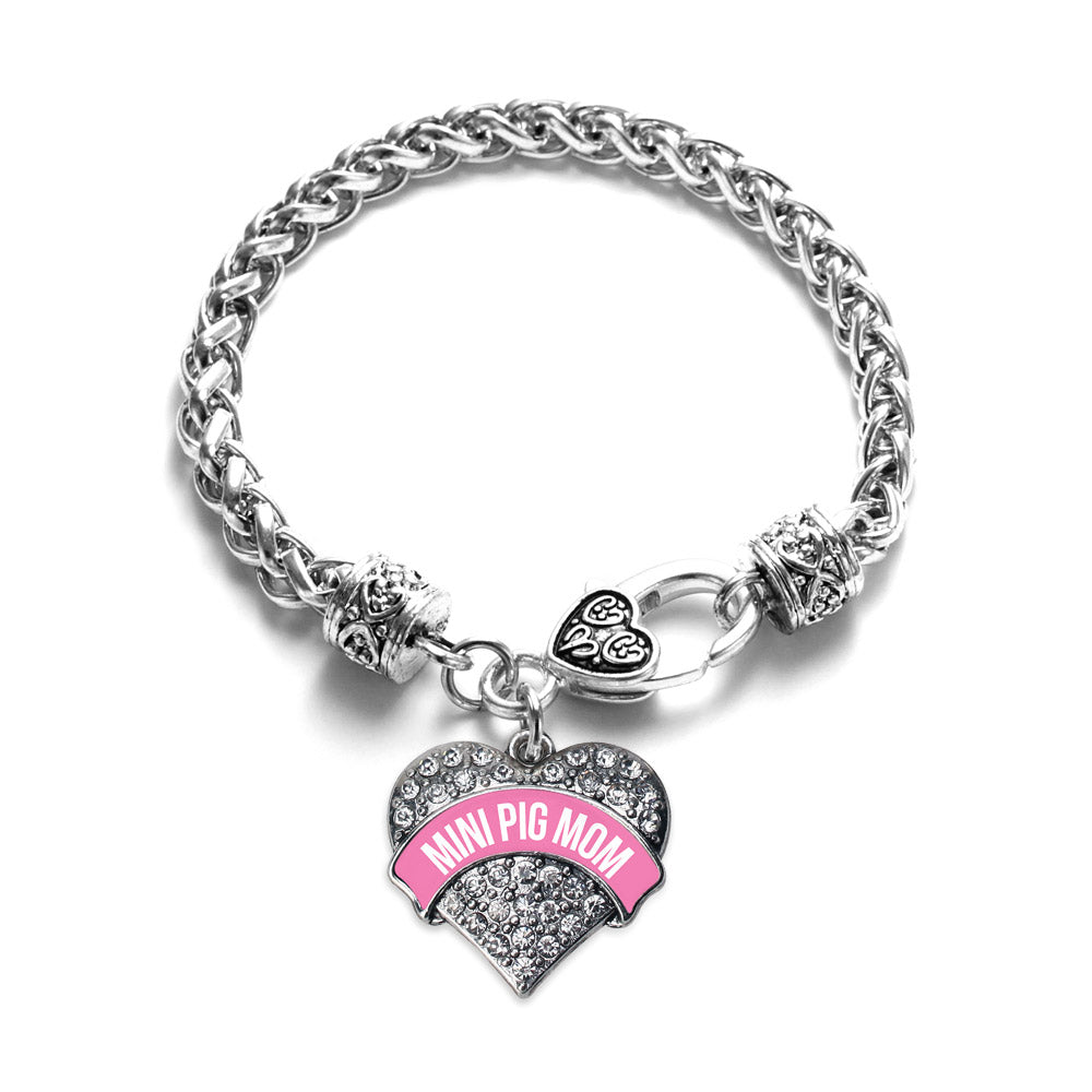 Silver Mini Pig Mom - Pink Pave Heart Charm Braided Bracelet