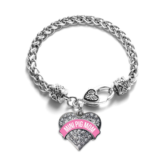 Silver Mini Pig Mom - Pink Pave Heart Charm Braided Bracelet
