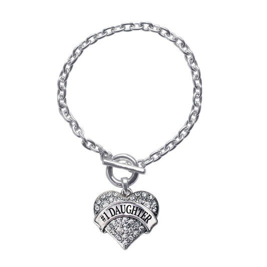 Silver #1 Daughter Pave Heart Charm Toggle Bracelet