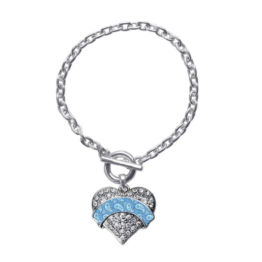Silver Blue Paisley Pattern Thyroid Awareness Pave Heart Charm Toggle Bracelet