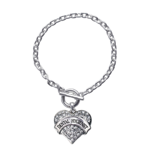 Silver Dental Hygienist Pave Heart Charm Toggle Bracelet
