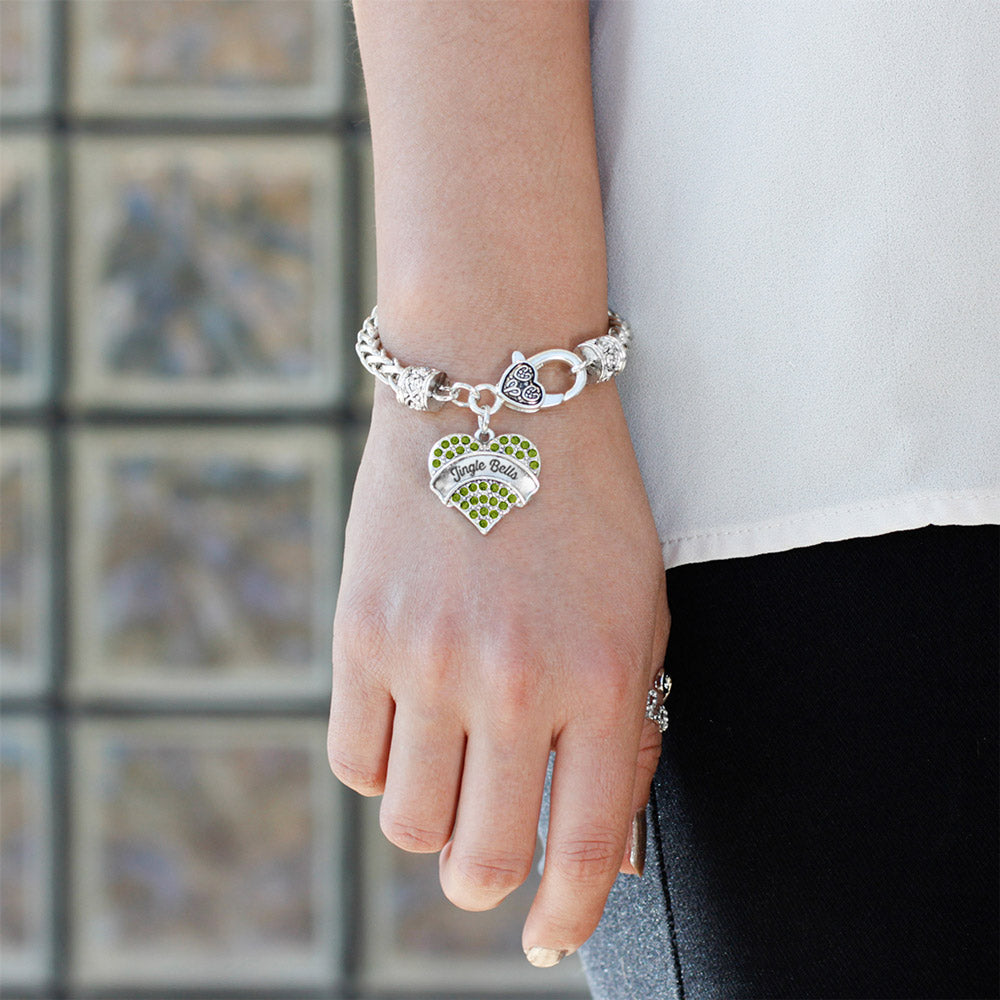 Silver Jingle Bells Green Green Pave Heart Charm Braided Bracelet