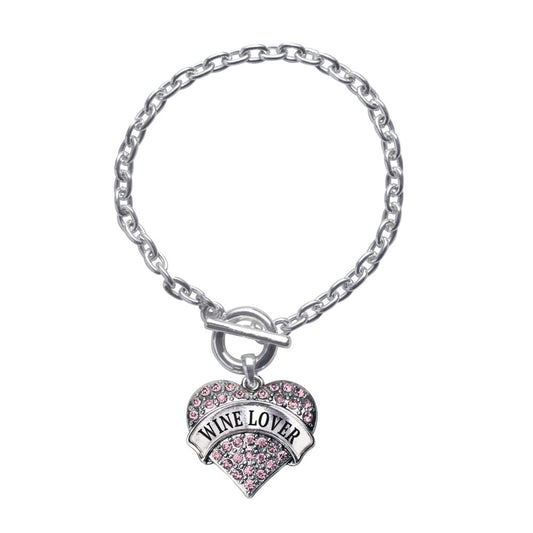 Silver Wine Lover Pink Pink Pave Heart Charm Toggle Bracelet