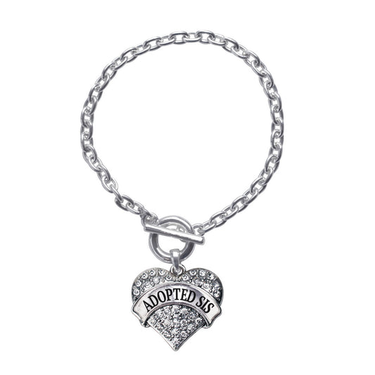 Silver Adopted Sis Pave Heart Charm Toggle Bracelet