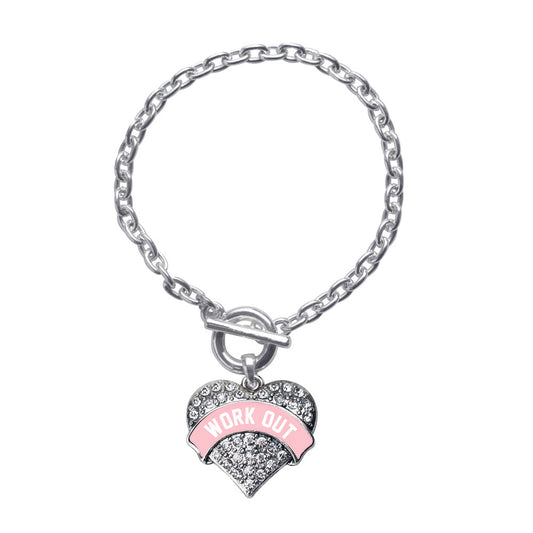 Silver Light Pink Work Out Pave Heart Charm Toggle Bracelet
