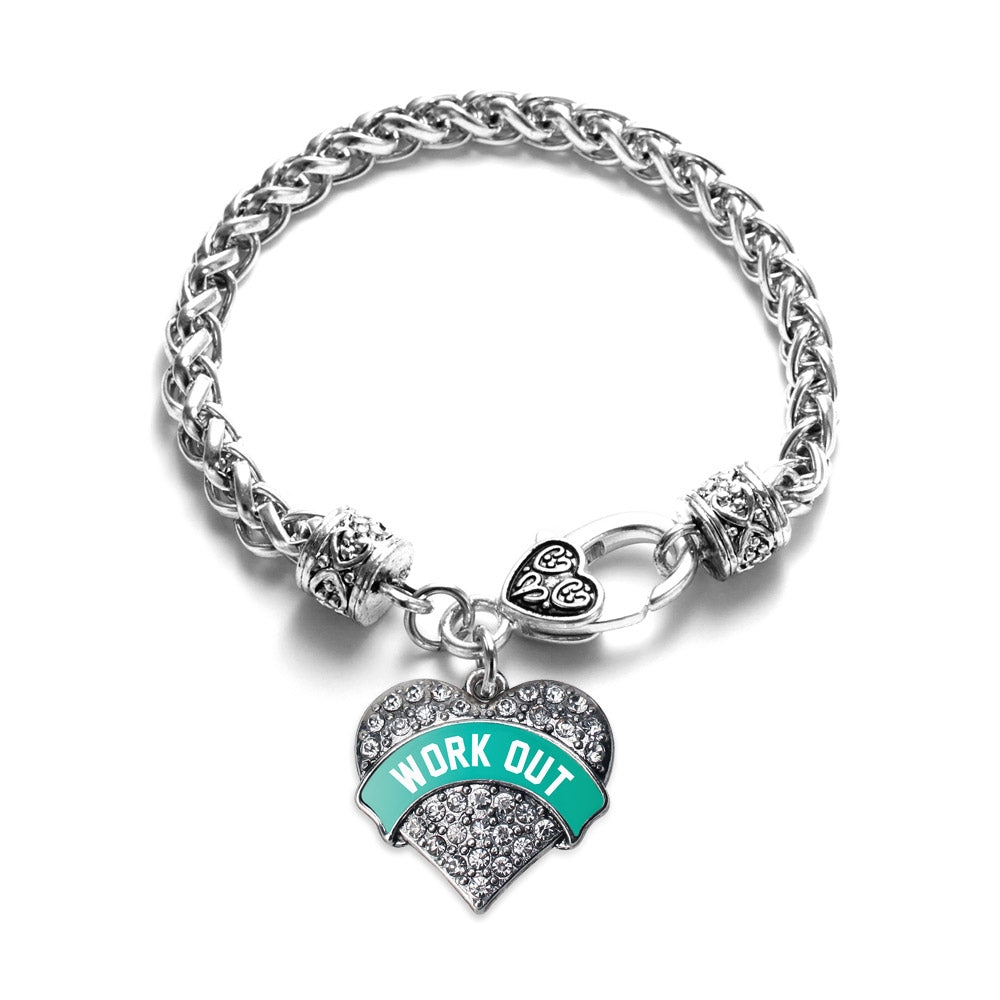 Silver Teal Work Out Pave Heart Charm Braided Bracelet
