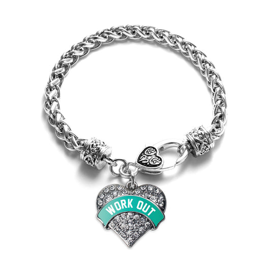 Silver Teal Work Out Pave Heart Charm Braided Bracelet