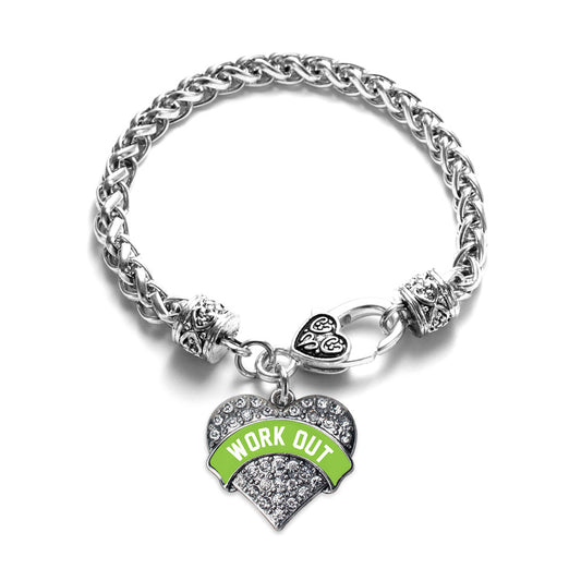 Silver Green Work Out Pave Heart Charm Braided Bracelet