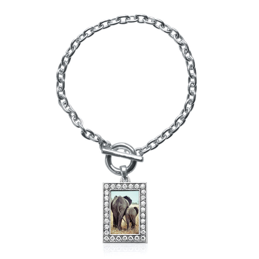 Silver Momma Elephant and Baby Elephant Rectangle Charm Toggle Bracelet