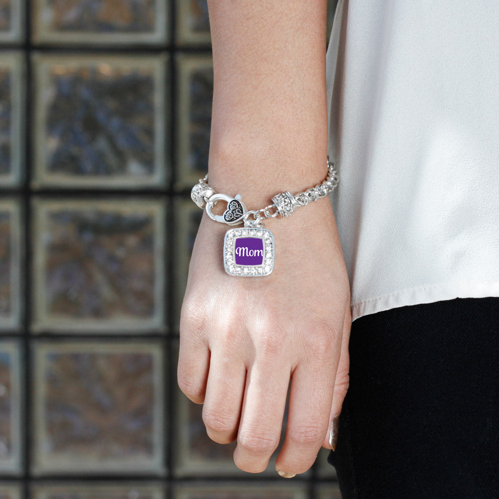 Silver Purple Mom Square Charm Braided Bracelet