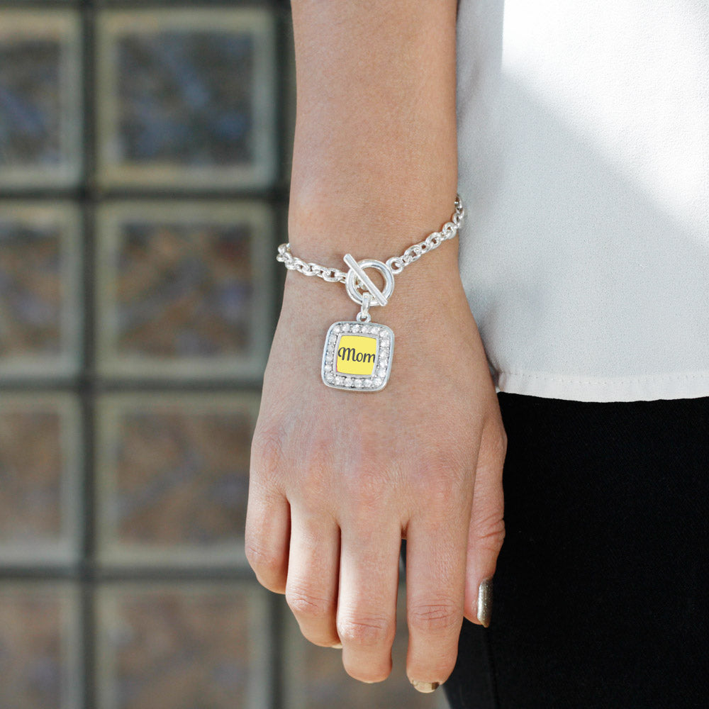 Silver Yellow Mom Square Charm Toggle Bracelet