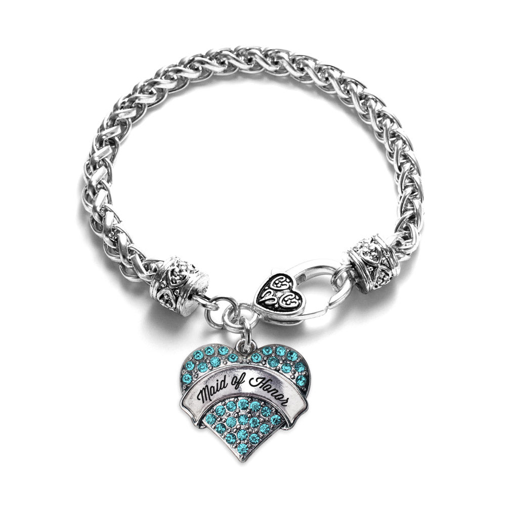 Silver Aqua Maid of Honor Aqua Pave Heart Charm Braided Bracelet