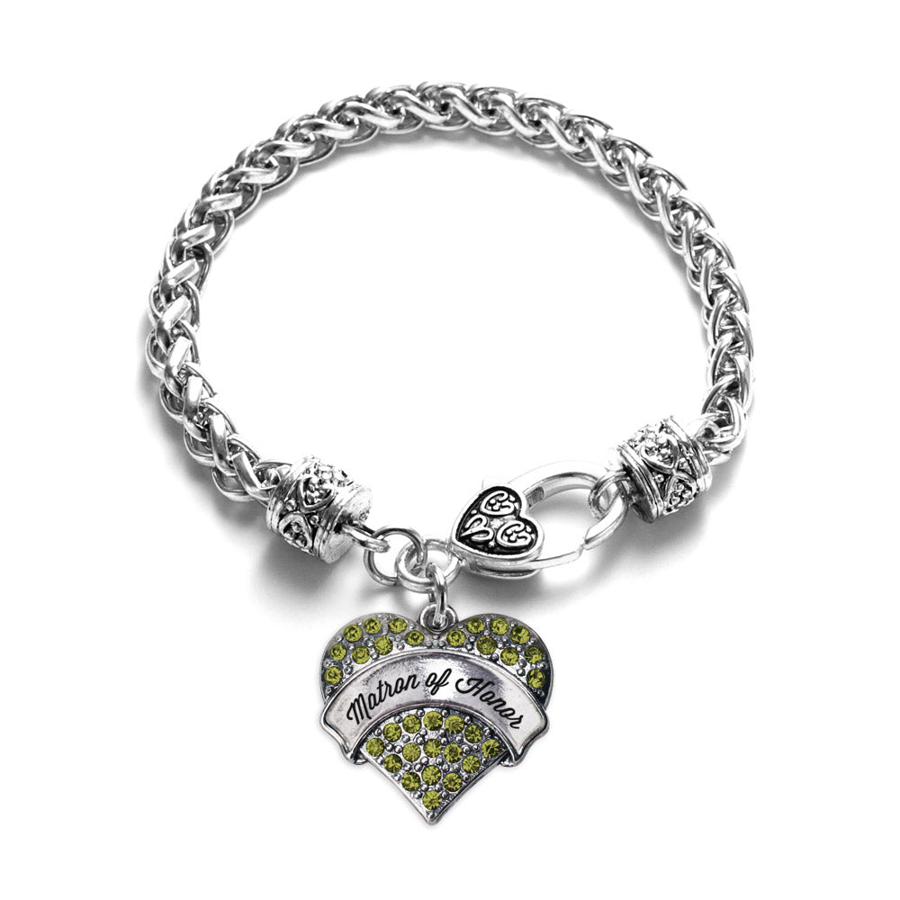 Silver Green Matron of Honor Green Pave Heart Charm Braided Bracelet