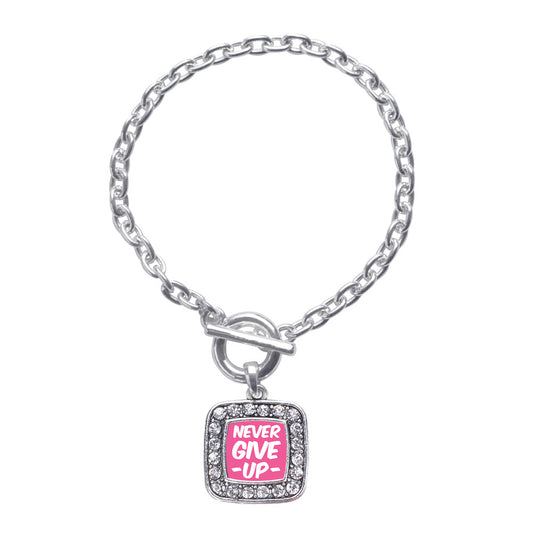 Silver Never Give up Breast Cancer Awareness Square Charm Toggle Bracelet