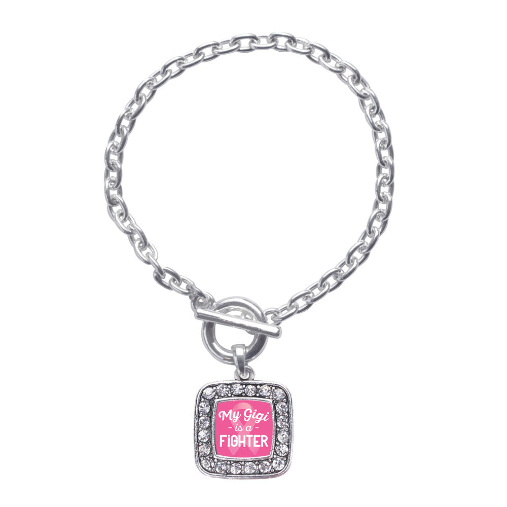 Silver My Gigi is a Fighter Breast Cancer Awareness Square Charm Toggle Bracelet