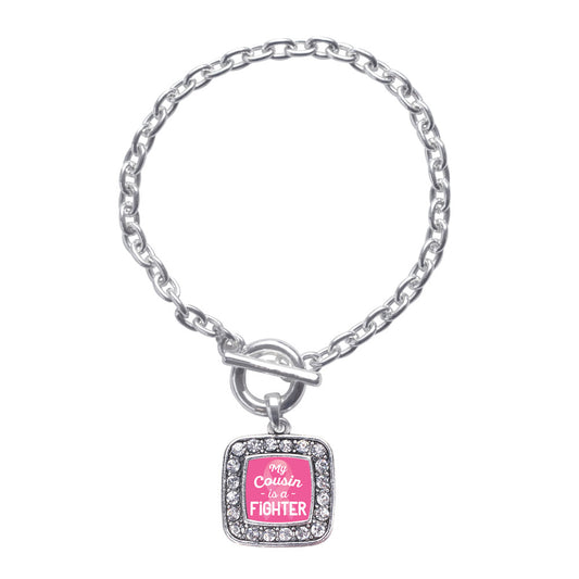 Silver My Cousin is a Fighter Breast Cancer Awareness Square Charm Toggle Bracelet