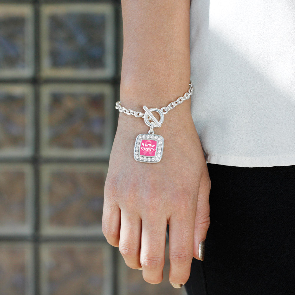 Silver I am a Survivor Breast Cancer Awareness Square Charm Toggle Bracelet