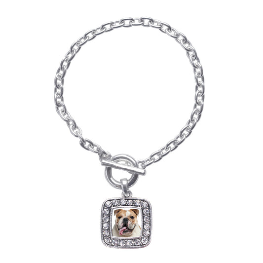 Silver Bulldog Face Square Charm Toggle Bracelet