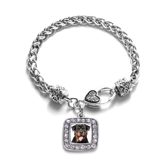 Silver Rottweiler Face Square Charm Braided Bracelet
