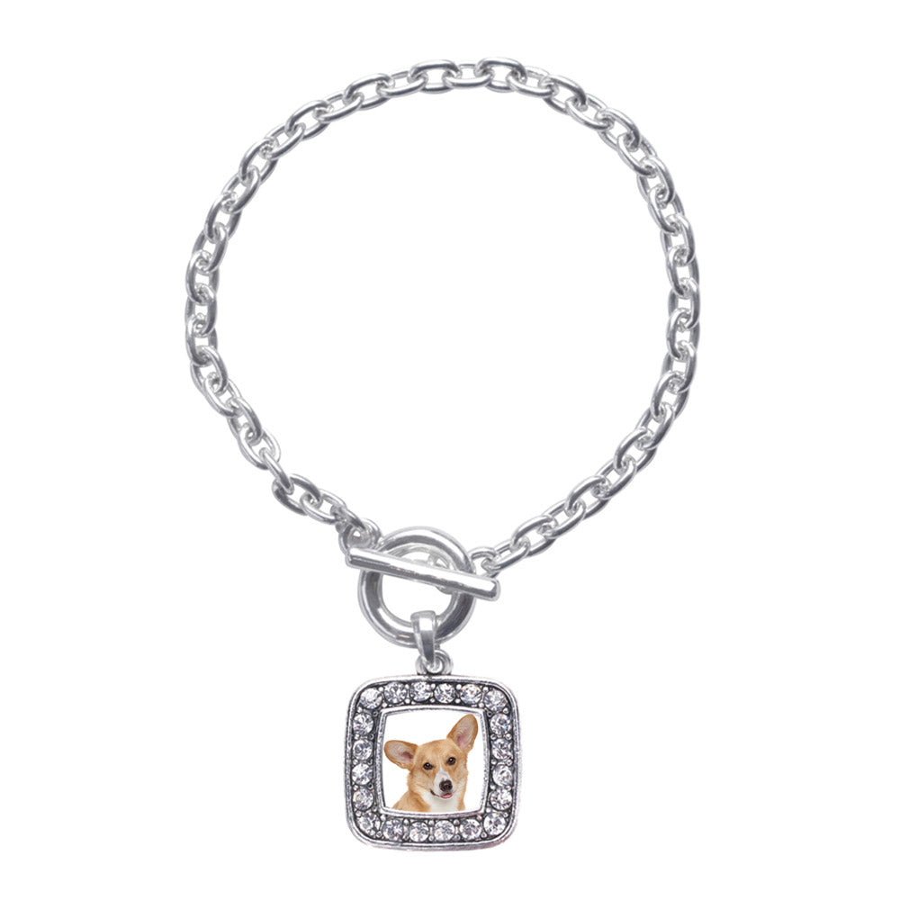 Silver Corgi Face Square Charm Toggle Bracelet