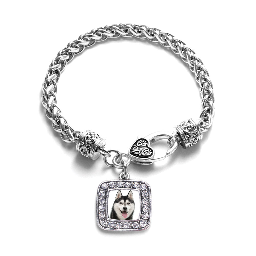 Silver Husky Face Square Charm Braided Bracelet