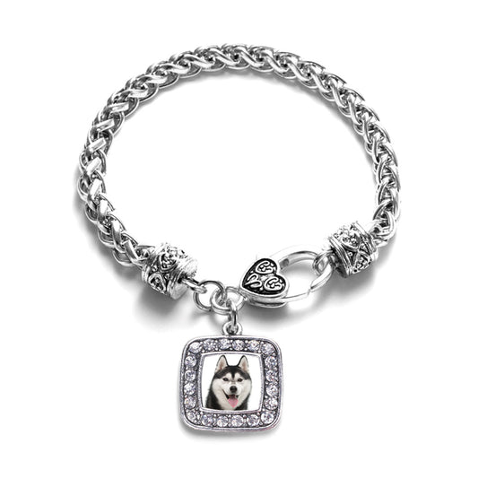 Silver Husky Face Square Charm Braided Bracelet