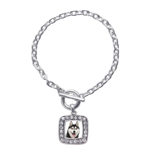 Silver Husky Face Square Charm Toggle Bracelet