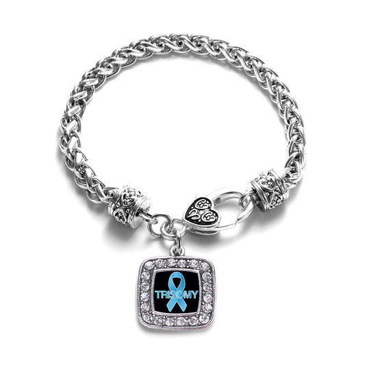 Silver Trisomy Awareness Square Charm Braided Bracelet
