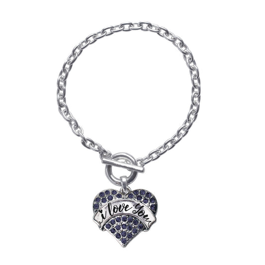 Silver I Love You Handwritten Script Navy Blue Blue Pave Heart Charm Toggle Bracelet