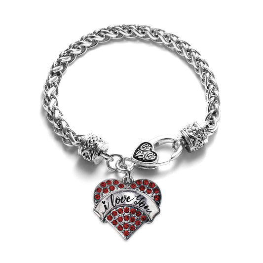 Silver I Love You Handwritten Script Red Red Pave Heart Charm Braided Bracelet