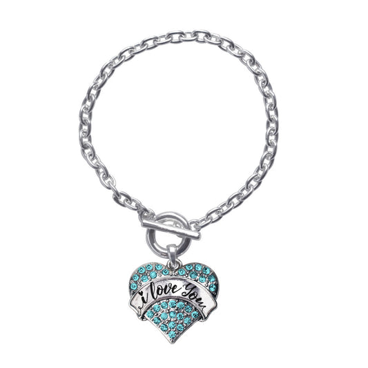 Silver I Love You Handwritten Script Aqua Aqua Pave Heart Charm Toggle Bracelet