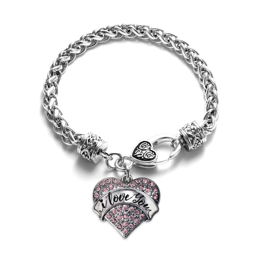 Silver I Love You Handwritten Script Pink Pink Pave Heart Charm Braided Bracelet