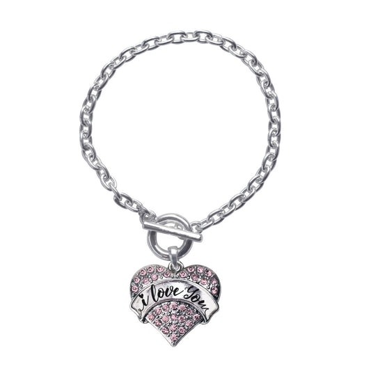 Silver I Love You Handwritten Script Pink Pink Pave Heart Charm Toggle Bracelet
