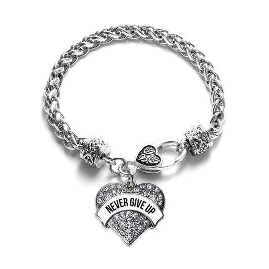 Silver White Banner Never Give Up Pave Heart Charm Braided Bracelet