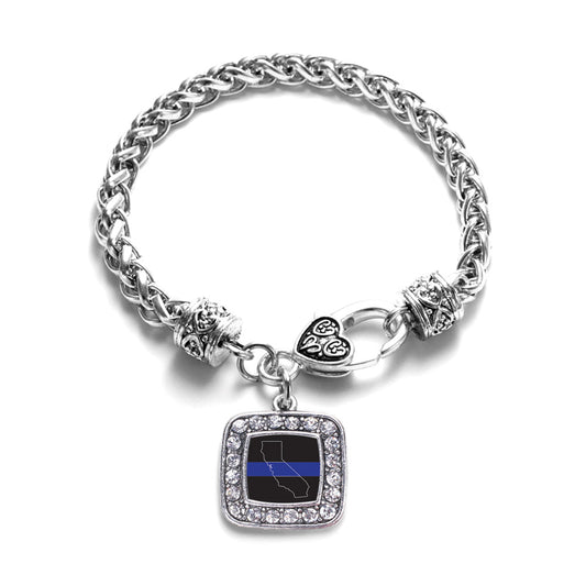 Silver California Thin Blue Line Square Charm Braided Bracelet