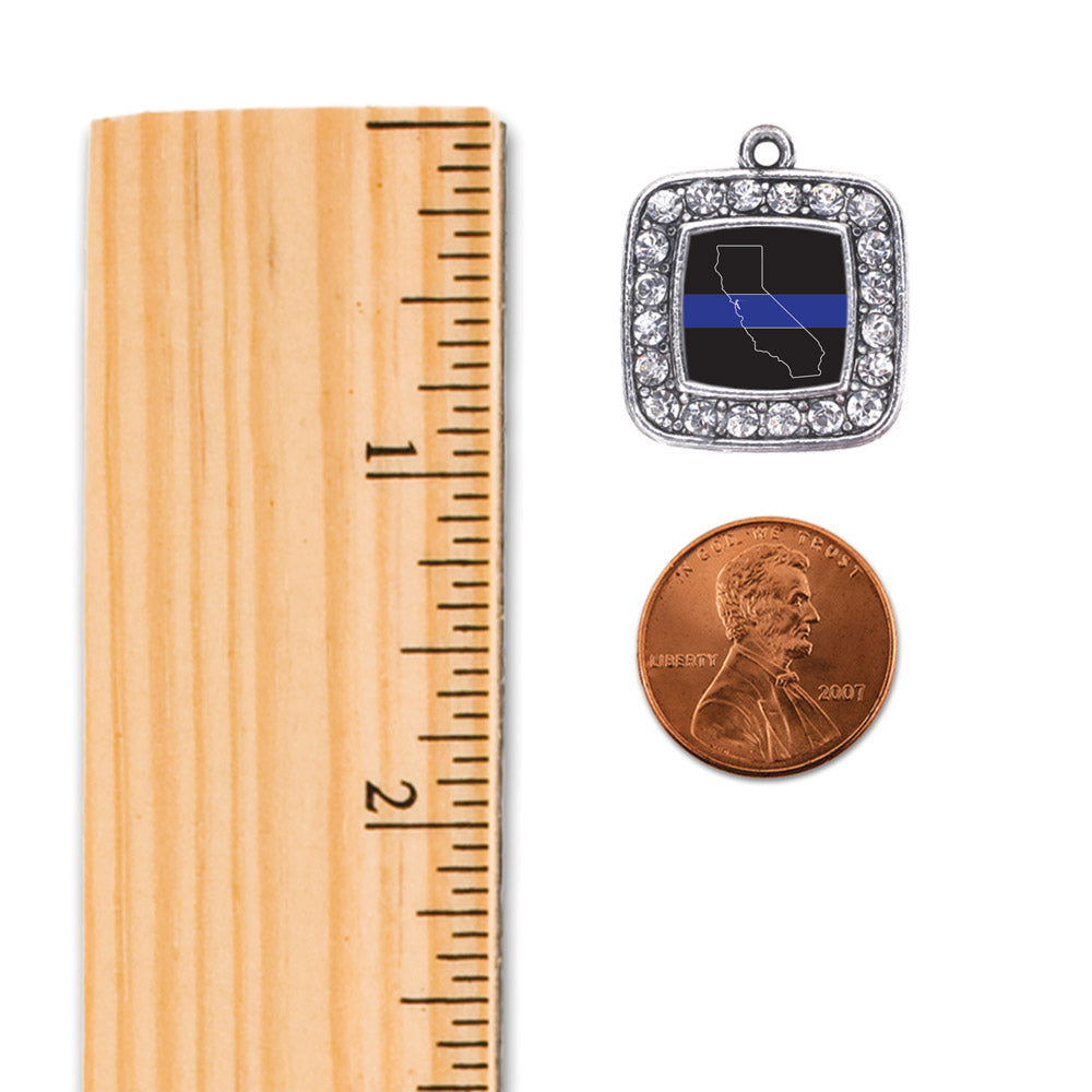 Silver California Thin Blue Line Square Charm Braided Bracelet
