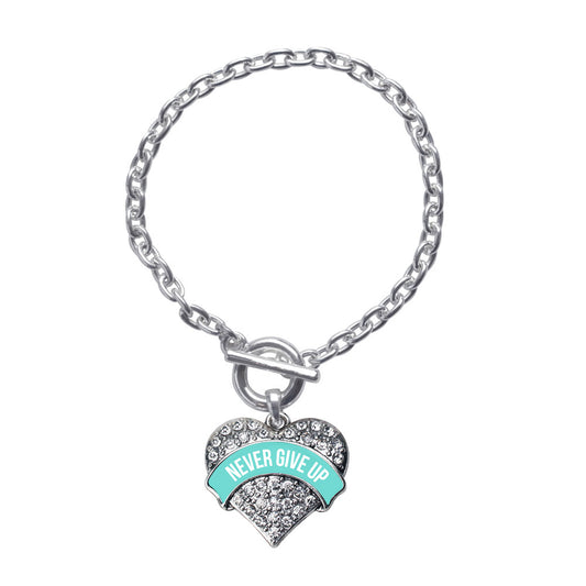 Silver Teal Banner Never Give up Pave Heart Charm Toggle Bracelet