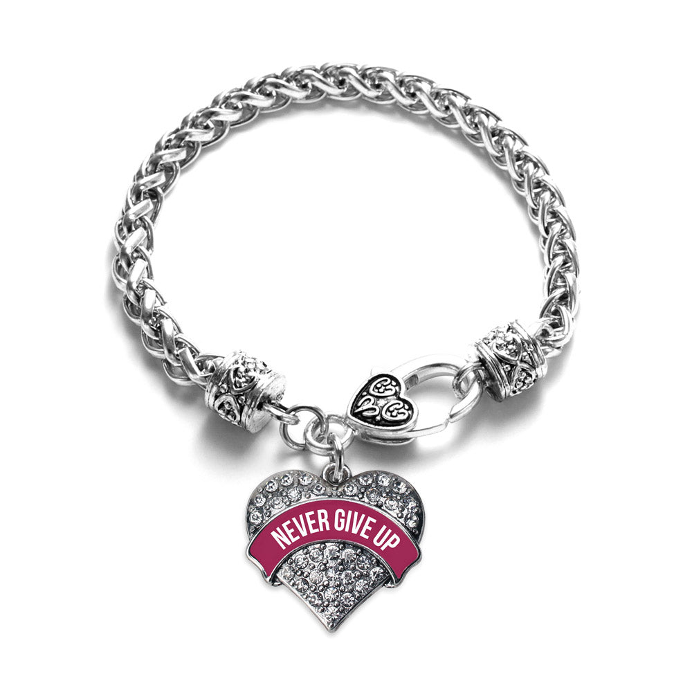 Silver Burgundy Banner Never Give Up Pave Heart Charm Braided Bracelet