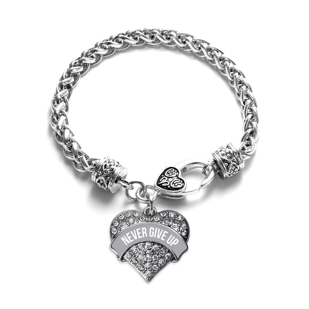 Silver Gray Banner Never Give Up Pave Heart Charm Braided Bracelet