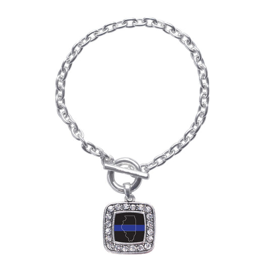 Silver Illinois Thin Blue Line Square Charm Toggle Bracelet