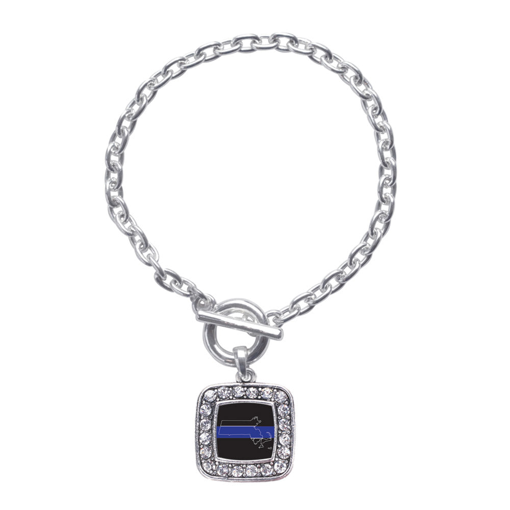 Silver Massachusetts Thin Blue Line Square Charm Toggle Bracelet